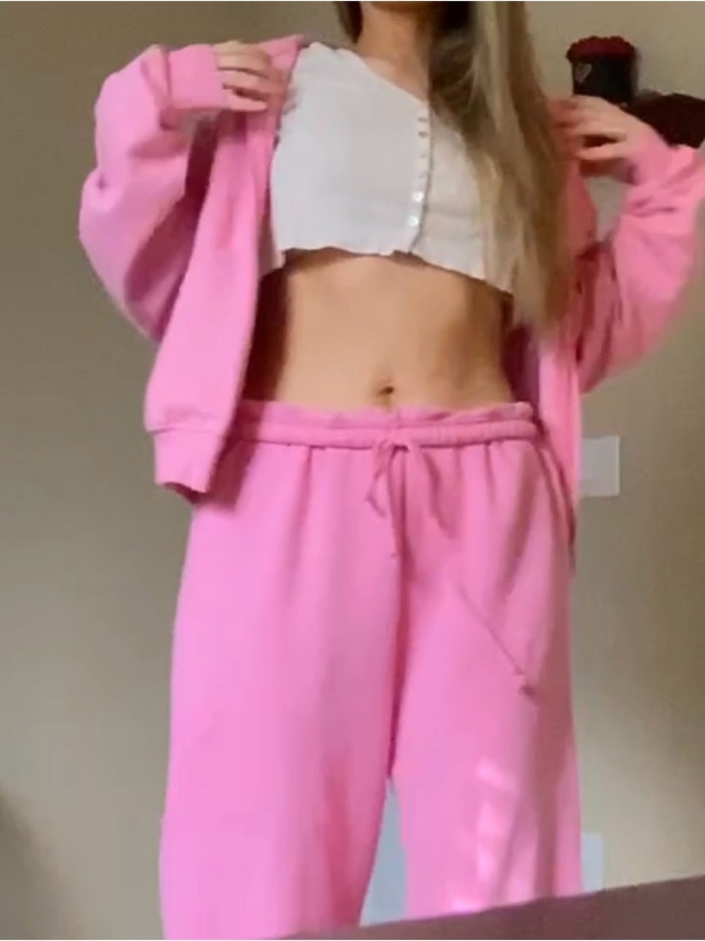 SKIMS COTTON FLEECE BUBBLE GUM PINK SWEAT SET SZ SMALL: zip hoodie & sweatpants